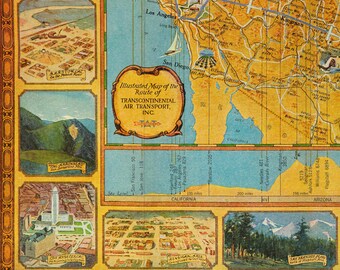 Illustrated Map of the Route of Transcontinental Air Transport, Inc. 1929 Cover title Coast to Coast by Plane and Train Vintage Map Wall Art