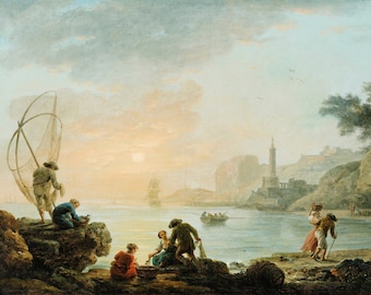 Fishers at the Sunrise by Claude Joseph Vernet Print Reproduction, Wall Art Famous Painting Painting Canvas Paper Print
