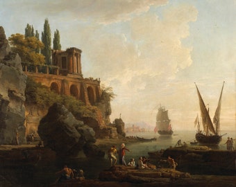 Imaginary Landscape, Italian Harbor Scene by Claude Joseph Vernet Print Reproduction, Wall Art Famous Painting Painting Canvas Paper Print