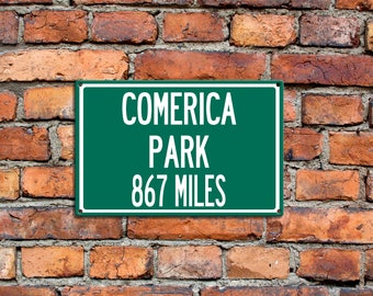 Personalized Aluminum Highway Distance Sign To Comerica Park, Home of the Detroit Tigers Baseball Text Aluminum Sign Great Gift