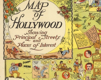 1928 Vintage Hollywood Map History and Movies Cartoon Map California Print Gallery Wall Art Housewarming Gift Birthday Wedding Anniversary