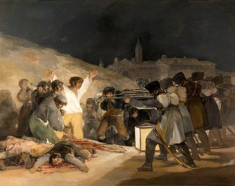 Op de afbeelding: Een dramatisch schilderij dat een scène van geweld afbeeldt. Een groep mensen wordt neergeschoten door soldaten in het donker. Het schilderij is vol emotie en spanning.