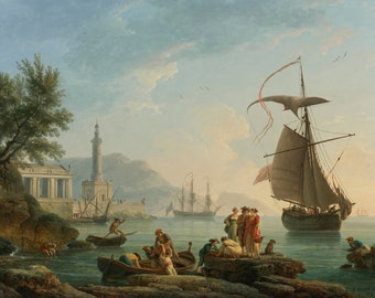 Mediterranean At Sunset With Fesherfolk by Claude Joseph Vernet Print Reproduction, Wall Art Famous Painting Painting Canvas Paper Print