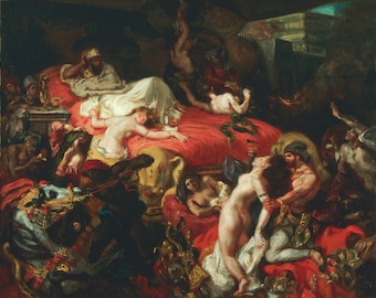 May include: A painting depicting a scene of chaos and violence. The figures are mostly nude and are arranged in a chaotic composition. The painting is done in a dark palette with a focus on the figures' bodies.