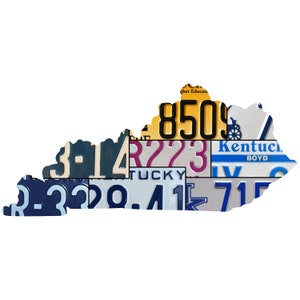 May include: A blue outline of the state of Kentucky filled with various license plates from the state. The plates feature the words "Kentucky", "Tuckey", and "Higher Education" along with various numbers.
