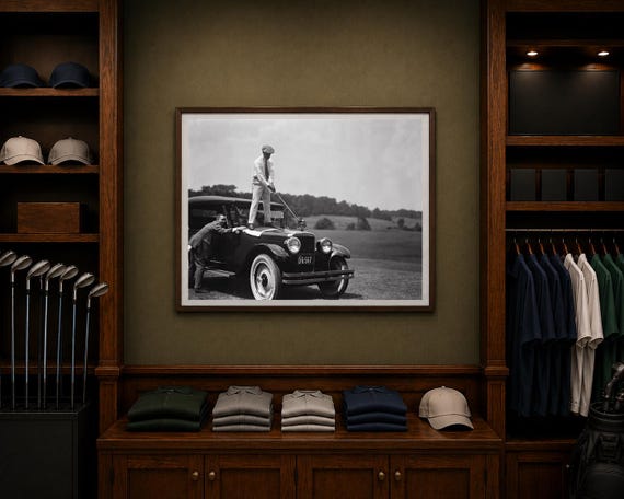 Vintage GOLF Poster, Golf Photography Art Print, Black and White Art Poster, Vintage Car Wall Decor, Sports Bar Golfer Gift, Golf Wall Art