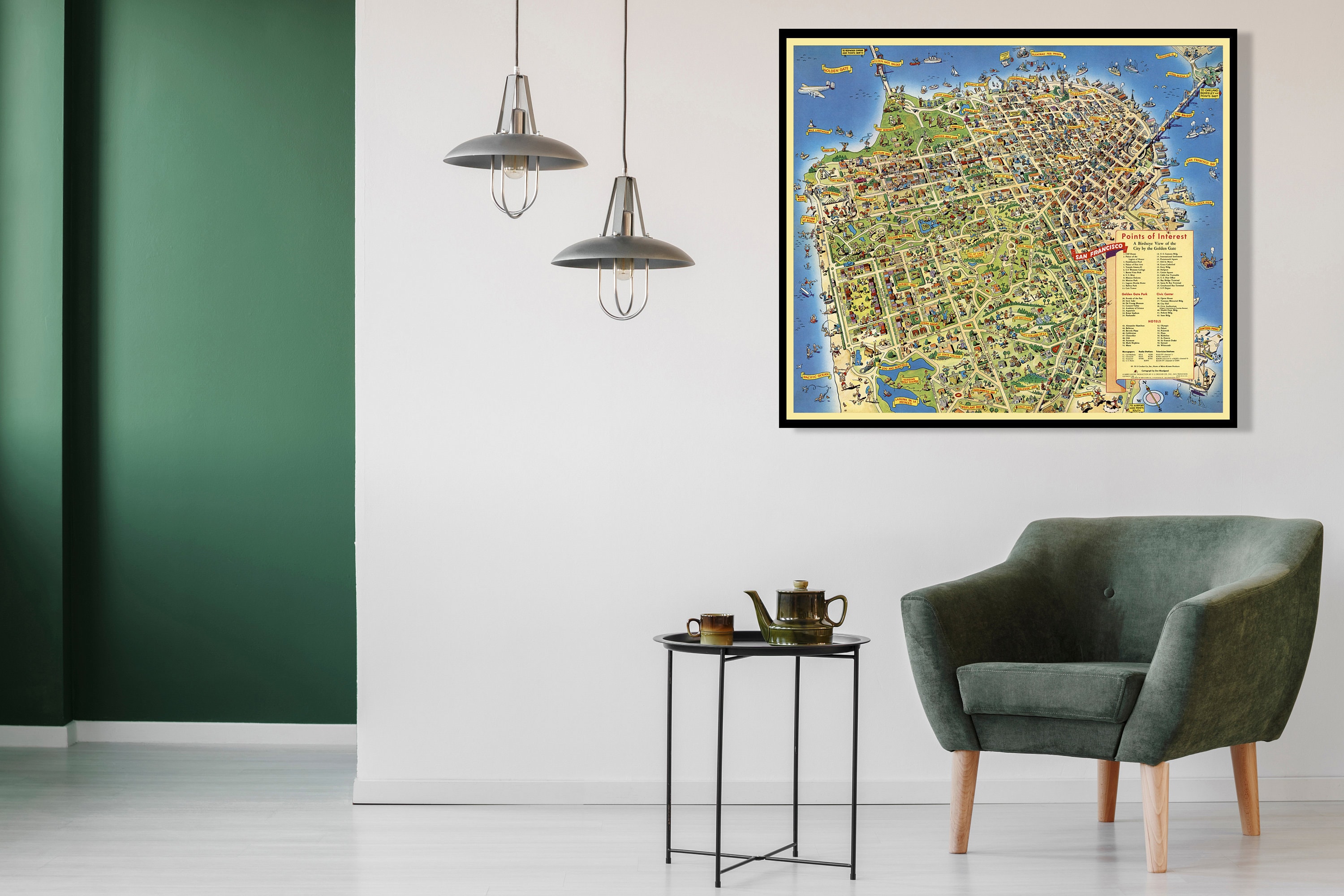 1952 Vintage San Francisco Points of Interest Map Cartoon Map
