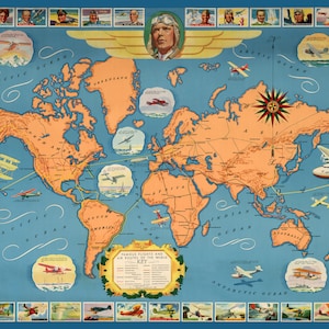 Famous Flights and Air Routes of the World Poster Aviation Poster Aviation History Charles Lindbergh Wall Art Map Old World Map Old Planes