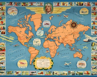 Famosos vuelos y rutas aéreas del cartel mundial cartel de aviación cartel de aviación Historia Charles Lindbergh pared arte mapa del viejo mundo mapa viejos aviones