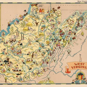 1930er Jahre Vintage WEST VIRGINIA State Map Cartoon Print Gallery Wand kunst Geschenk zum Geburtstag Hochzeit Jahrestag Ruth Taylor Karte