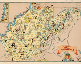 1930's Vintage WEST VIRGINIA State Map Cartoon Print Gallery Wall Art Housewarming Gift for Birthday Wedding Anniversary Ruth Taylor Map