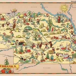 1930&#39;s Vintage NEBRASKA State Map Cartoon Map Print Gallery Wall Art Housewarming Gift for Birthday Wedding Anniversary Ruth Taylor Map