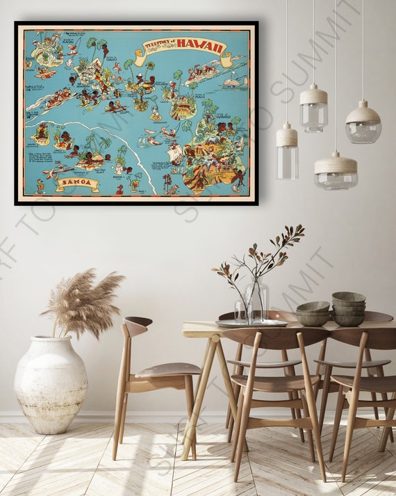 1930's Vintage Hawaii State Map Cartoon Map Print Gallery Wall Art
