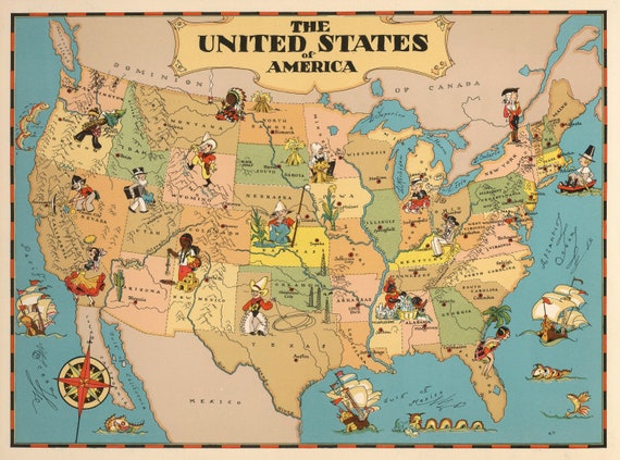 1930's Vintage USA Map Cartoon Map Print Gallery Wall Art - Etsy Singapore 1930's Vintage USA Map Cartoon Map Print Gallery Wall Art - Etsy Singapore