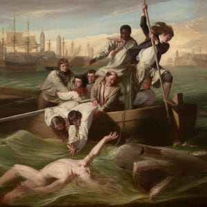 May include: An oil painting depicting a dramatic scene of a shark attack. A boat with several men is in the water, with one man in the water being attacked by a shark. Ships and a city are in the background.