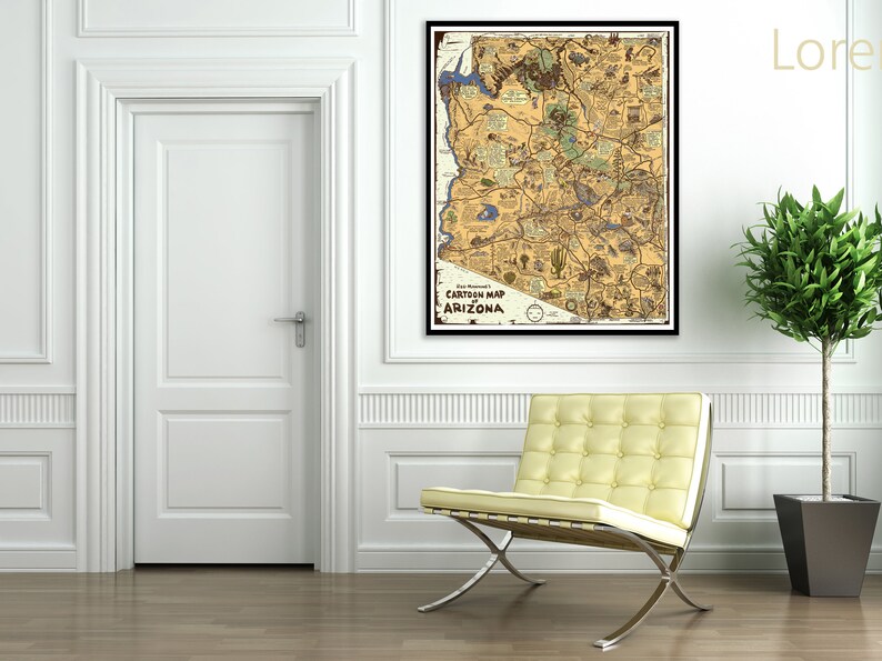 Cartoon Map of ARIZONA Reg Manning 1930's Map Animated Gallery Wall Library Office Decor Teacher Gift for Birthday Wedding Anniversary image 2