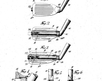 Puede incluir: Un dibujo de línea en blanco y negro de un diseño de patente de palo de golf. El número de patente 1.219.417 es visible en la parte superior de la imagen. La patente se presentó el 5 de abril de 1916 y se patentó el 13 de marzo de 1917. El dibujo muestra diferentes vistas de la cabeza y el eje del palo de golf.