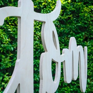 May include: White wooden cutout of the word "Twenty" with a cursive font. The cutout is against a green leafy background.