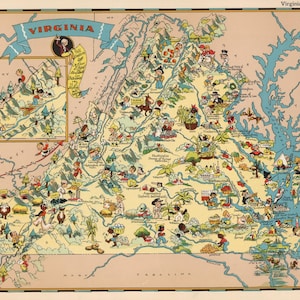 1930&#39;s Vintage VIRGINIA State Map Cartoon Print Gallery Wall Art Housewarming Gift for Birthday Wedding Anniversary Ruth Taylor Map
