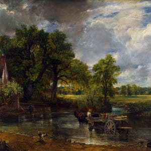 May include: A painting of a cottage with a stream in front of it. The sky is cloudy and there are trees on either side of the stream. Two people are walking towards a wagon in the stream.