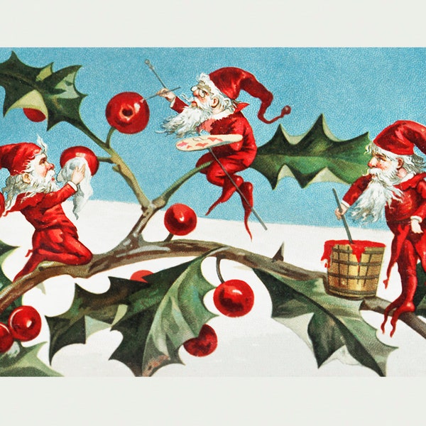 Vintage Santa's Elves Painting Holly Berries Christmas Poster Print, The Miriam and Ira D. Wallach Division of Art, Old Fashion Holiday Art