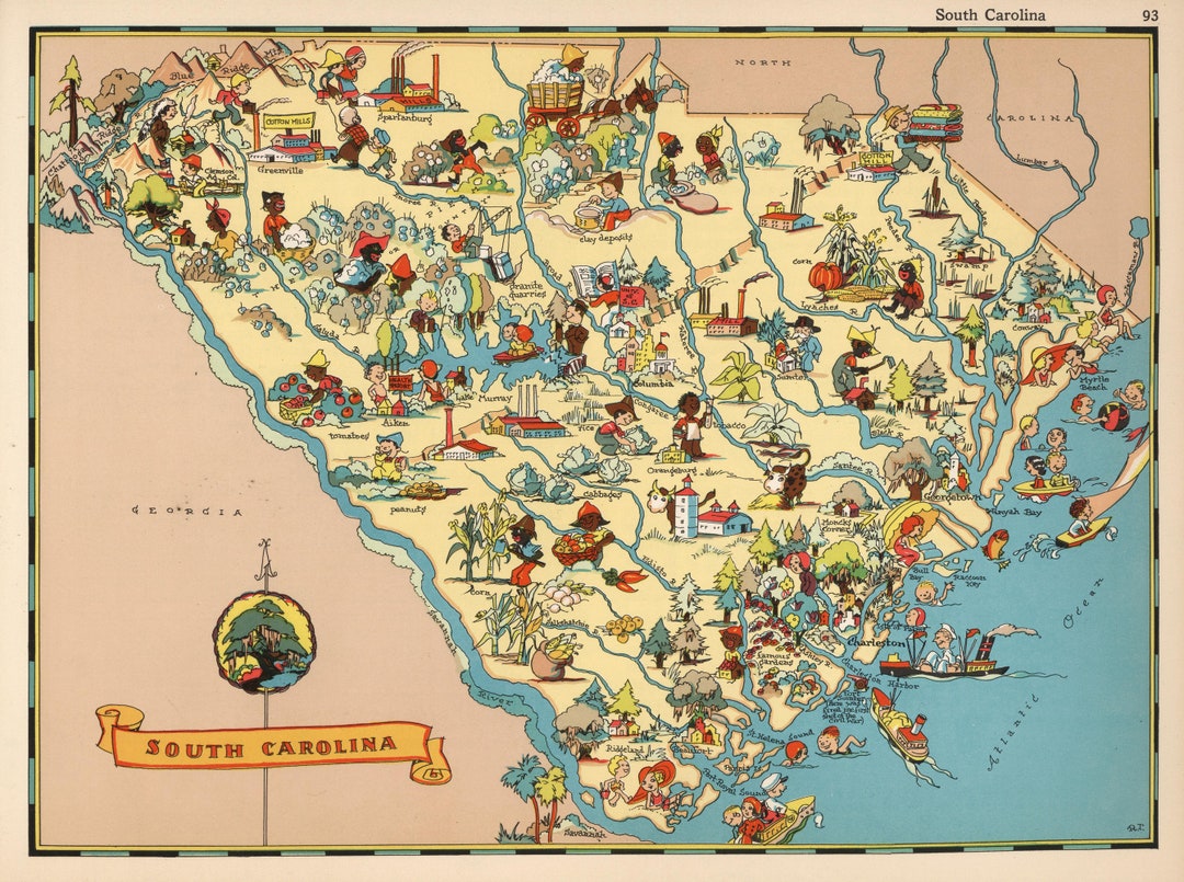 1930's Vintage SOUTH CAROLINA State Map Cartoon Print Gallery Wall Art ...