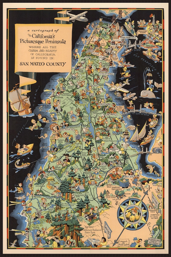 1930年代のヴィンテージ サンマテオ郡 カリフォルニア地図 漫画地図