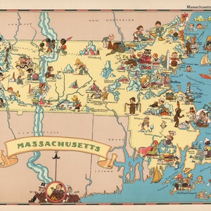 1930er Jahre Vintage MASSACHUSETTS State Map Cartoon Karte Print Gallery Wall Art Housewarming Geschenk zum Geburtstag Hochzeit Jahrestag Ruth Taylor Karte