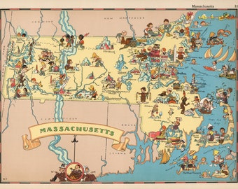 1930's Vintage MASSACHUSETTS State Map Cartoon Map Print Gallery Wall Art Housewarming Gift for Birthday Wedding Anniversary Ruth Taylor Map