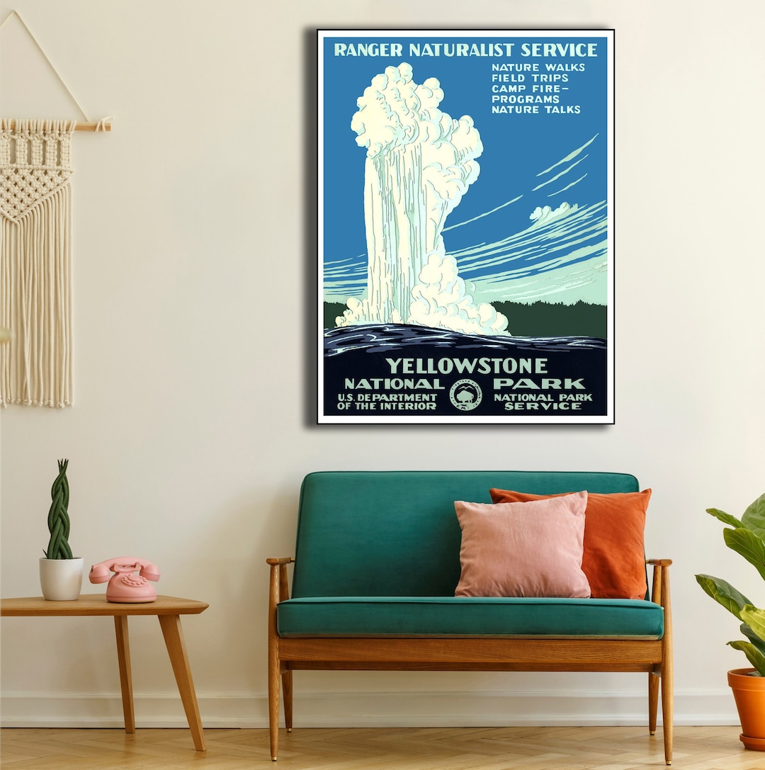 YELLOWSTONE National Park Vintage Poster Print, Old Faithful Geyser ...