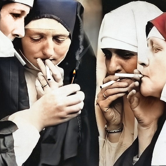 are nuns allowed to smoke cigarettes Smoking Nuns COLORIZED Photo Print Poster Vintage Women Cigarette Unique  Wall Decor Funny Humor Humour Habit Old Picture Strange Weird Art