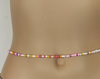 Pastel Waist Beads with Glass Pearls, Silver Brass Clasp, Adjustable Body Jewelry
