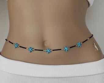 Turquoise Star Belly Chain, Beach Waist Accent, Adjustable Body Jewelry, Summer Boho Waist Beads