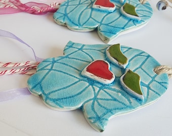 Ceramic Hamsa Ornament: Love Bird, Nazar Bead, Good Luck Charm