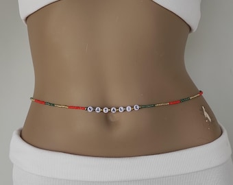 Personalized Name Waist Beads, Colorful Seed Bead Belly Chain, Custom Boho Body Jewelry Gift
