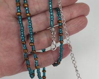 Teal Seed Bead Waist Chain with Bronze Accents, Minimalist Belly Jewelry, Adjustable Body Strand