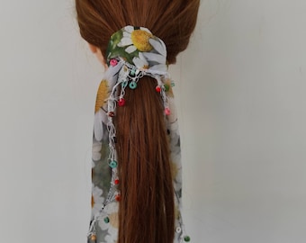 Daisy Print Chiffon Scarf Scrunchie: Beaded Long Tail Ponytail Holder