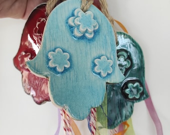 Handmade Ceramic Hamsa Ornament: Floral Fatima Hand Wall Decor