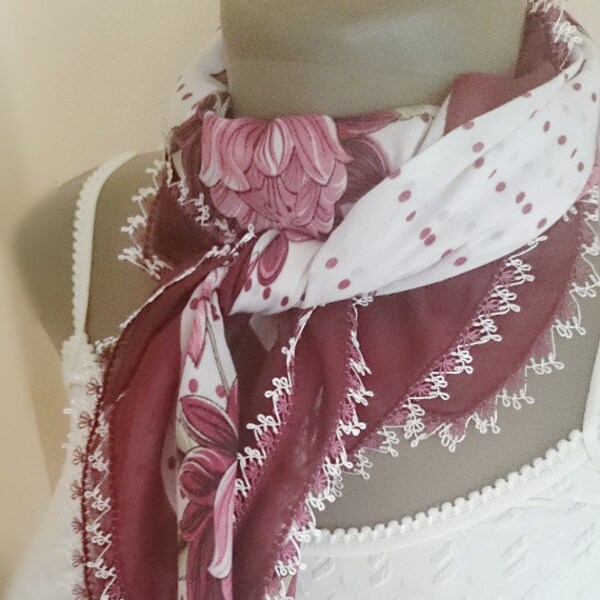 Floral Schal türkische jemenitischen Bordo weiß - Nadel Lace Schal - Oya-Schal - Mutter s Day Gift - jemenitische Schal - Hals Stück - Frühling Scarf - Oya