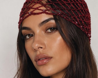 Burgundy Crochet Mesh Cap, Sparkle Hair Net, Beaded Bridal Headpiece, Festival Head Scarf