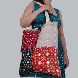 Handmade Canvas Tote Bag: Vintage Lace Crochet, Pearl Beaded