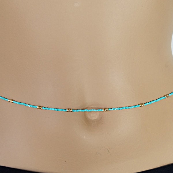 Adjustable Body Beads Turquoise & Gold, with Clasp, Waist Beads, Beaded Waist Chain, Body Jewelry, Belly Chain, Handmade to Order, Gift