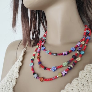 Multi Strand Beaded Necklace: Crystal, Fimo, Glass Beads - Boho Jewelry