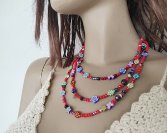 Multi Strand Beaded Necklace: Crystal, Fimo, Glass Beads - Boho Jewelry