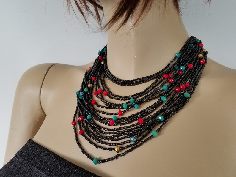 Multi Strand Kerstketting, Multi Bead Sieraden, Zwarte Sieraden, Statement Bib Ketting, Seed Bead Ketting, Multi Layer Ketting afbeelding 2