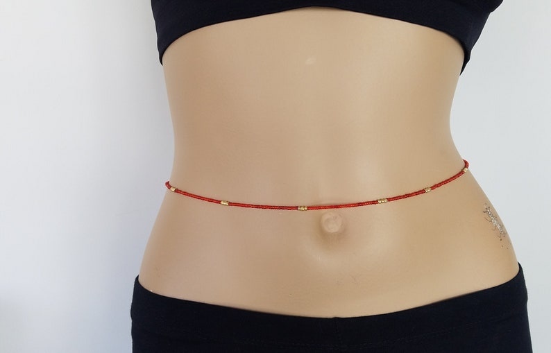 Body Jewelry Gift African Waist Beads Red /& Gold Belly Chain Handmade to Order with Clasp Beaded Waist Chain Belly Beads Adjustable