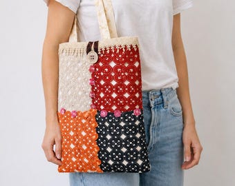 Lace Patchwork Tote Bag: Boho Canvas Shoulder Bag Color Block