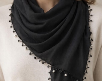Handmade Black Silk Cotton Scarf: Pearl Beaded Oya Trim