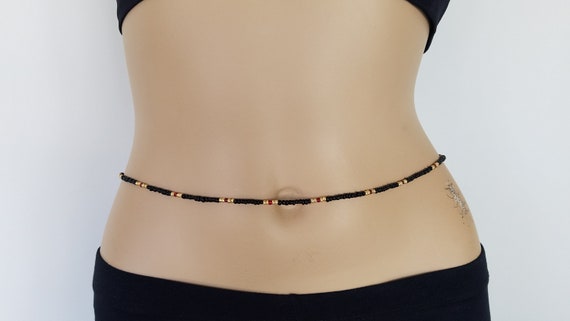 Adjustable Waist Beads Black,gold & Red, Silver Brass Clasp, Belly