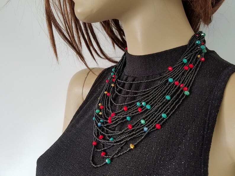 Multi Strand Kerstketting, Multi Bead Sieraden, Zwarte Sieraden, Statement Bib Ketting, Seed Bead Ketting, Multi Layer Ketting afbeelding 3